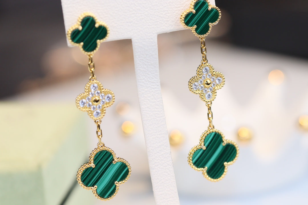 ¡®Lume Jewels¡¯CLOVER EARRINGS GOLD MALACHITE DIAMOND 3 MOTIF
