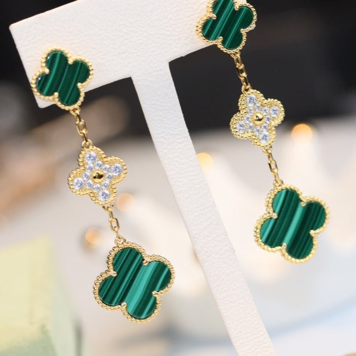 ¡®Lume Jewels¡¯CLOVER EARRINGS GOLD MALACHITE DIAMOND 3 MOTIF