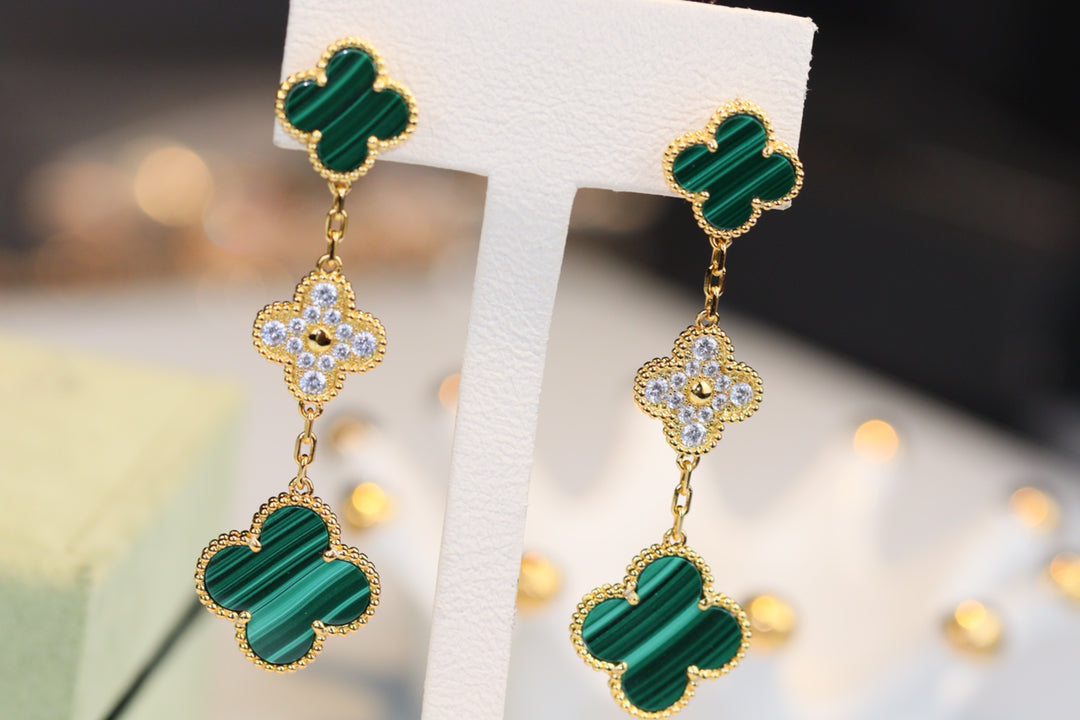 ¡®Lume Jewels¡¯CLOVER EARRINGS GOLD MALACHITE DIAMOND 3 MOTIF