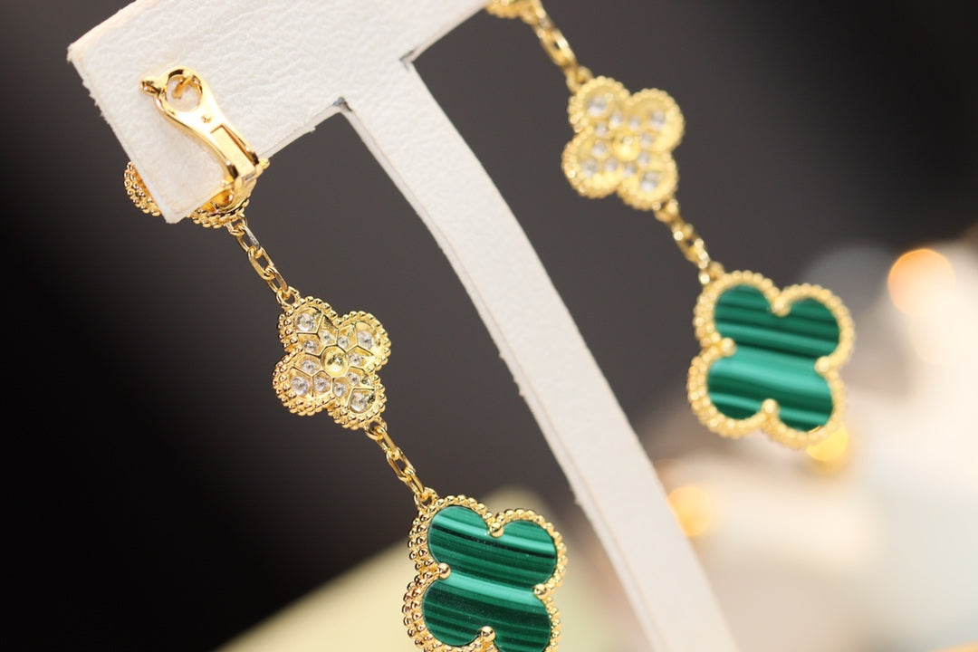 ¡®Lume Jewels¡¯CLOVER EARRINGS GOLD MALACHITE DIAMOND 3 MOTIF