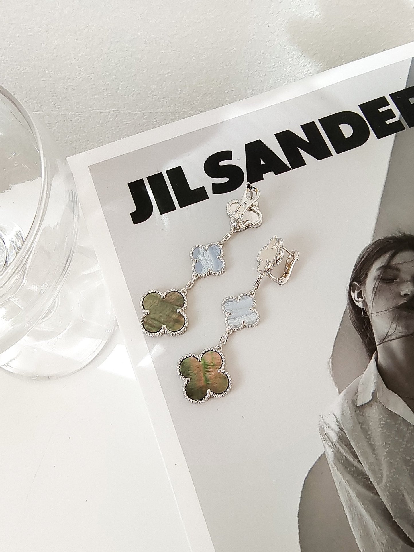 ¡®Lume Jewels¡¯CLOVER 3 MOTIFS CHALCEDONY DARK MOP SILVER EARRINGS