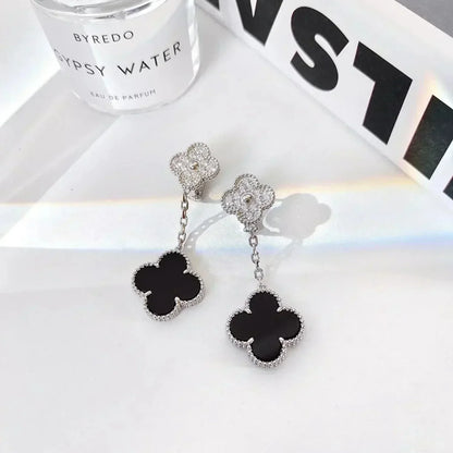 ¡®Lume Jewels¡¯CLOVER 2 MOTIFS  DIAMOND ONYX EARRINGS SILVER
