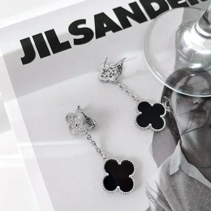 ¡®Lume Jewels¡¯CLOVER 2 MOTIFS  DIAMOND ONYX EARRINGS SILVER