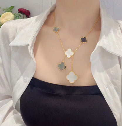 ¡®Lume Jewels¡¯CLOVER 6 MOTIF MOP ONYX GOLD NECKLACE