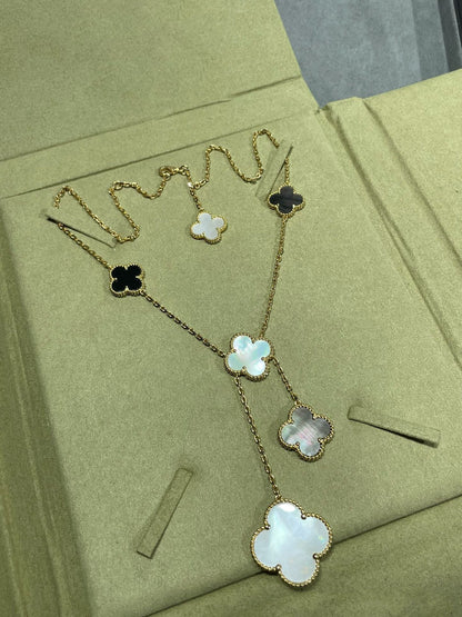 ¡®Lume Jewels¡¯CLOVER 6 MOTIF MOP ONYX GOLD NECKLACE