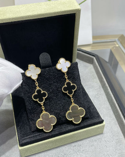 ¡®Lume Jewels¡¯CLOVER 3 MOTIF MOP ONYX DARK MOP PINK GOLD EARRINGS