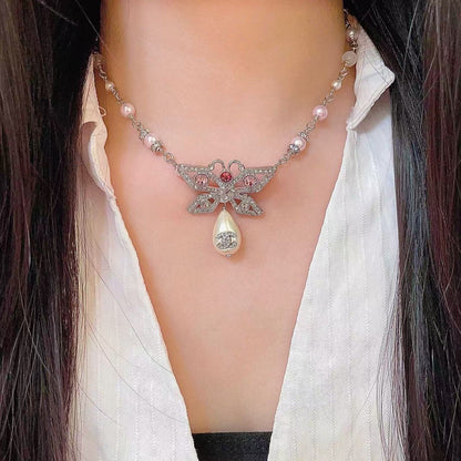 [Lume Jewels] Bow & Pearl Double C Pavé Diamond Necklace