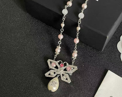 [Lume Jewels] Bow & Pearl Double C Pavé Diamond Necklace