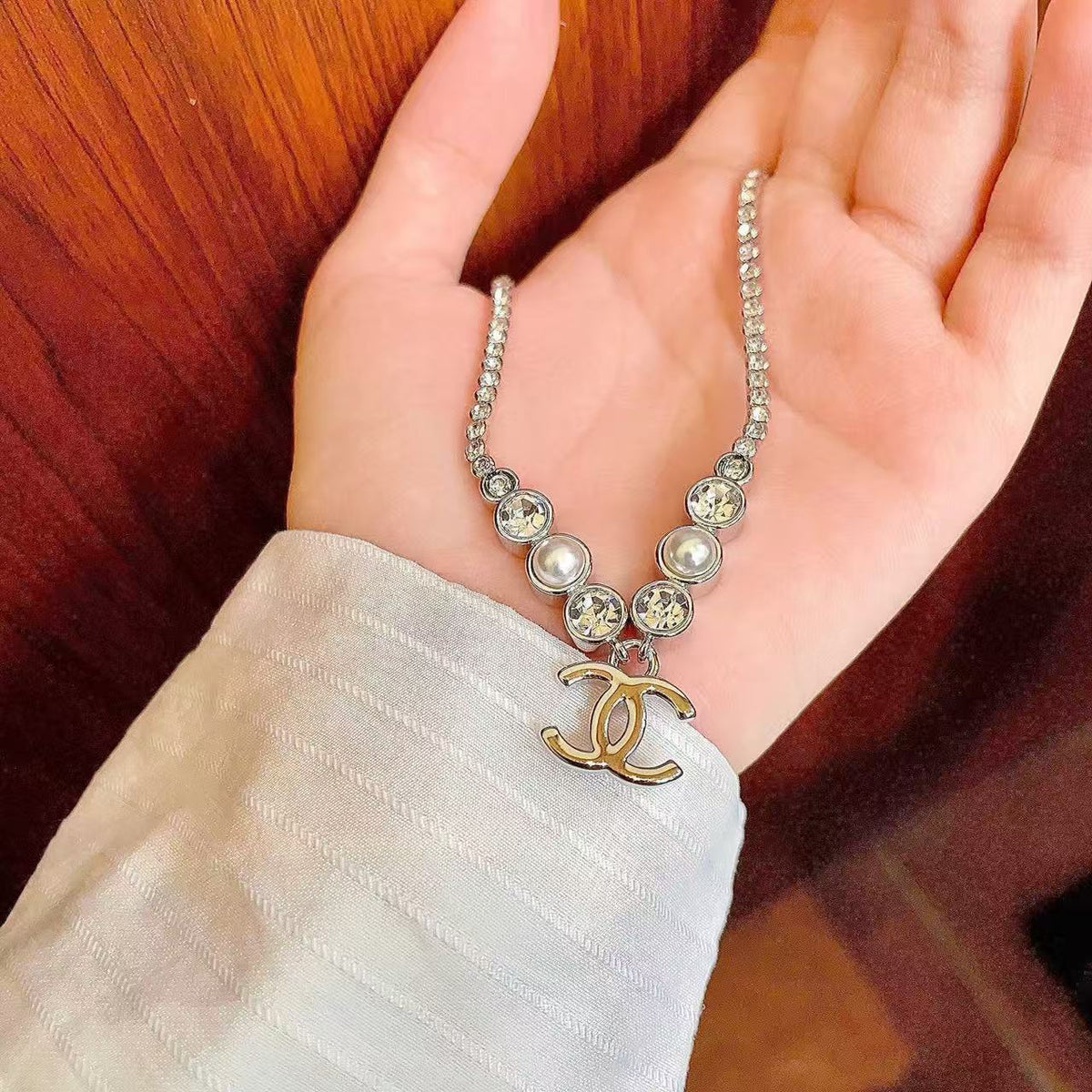 [Lume Jewels]Double C Necklace with Pearls & Cubic Zirconia