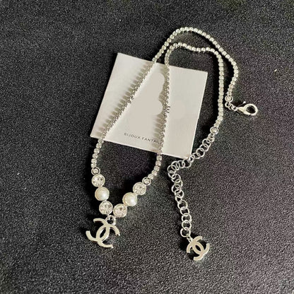 [Lume Jewels]Double C Necklace with Pearls & Cubic Zirconia