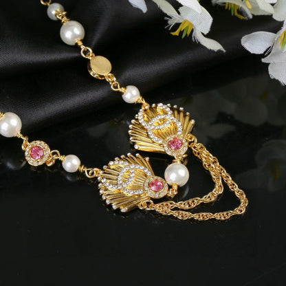 [Lume Jewels]Vintage Fan Motif Double CC Crystal & Pearl Necklace