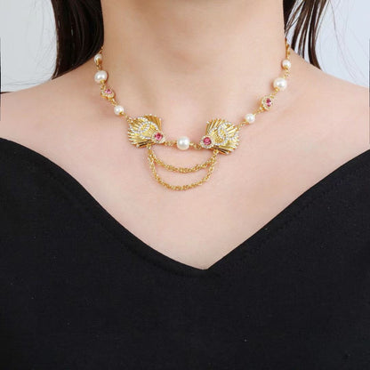 [Lume Jewels]Vintage Fan Motif Double CC Crystal & Pearl Necklace