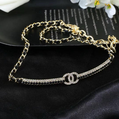 [Lume Jewels]Black Leather Interwoven Crystal CC Choker Necklace