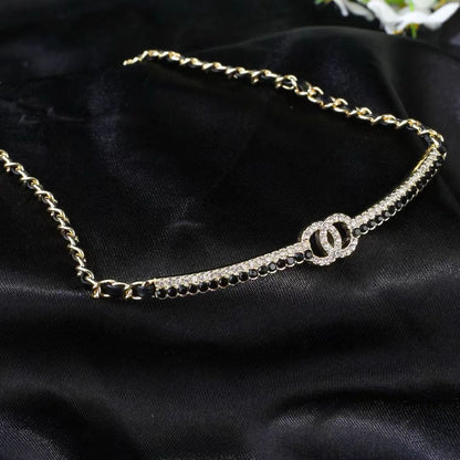 [Lume Jewels]Black Leather Interwoven Crystal CC Choker Necklace
