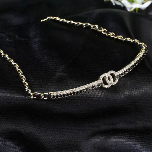 [Lume Jewels]Black Leather Interwoven Crystal CC Choker Necklace