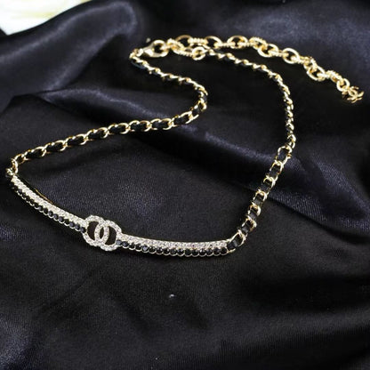 [Lume Jewels]Black Leather Interwoven Crystal CC Choker Necklace