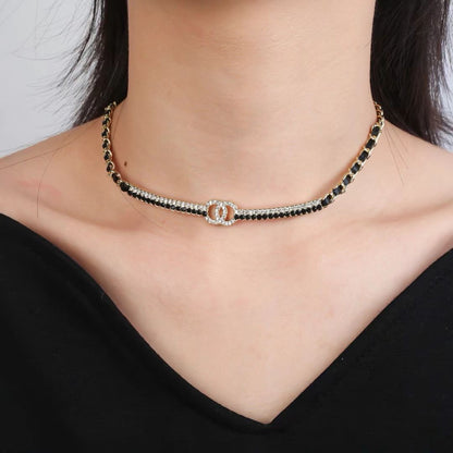 [Lume Jewels]Black Leather Interwoven Crystal CC Choker Necklace