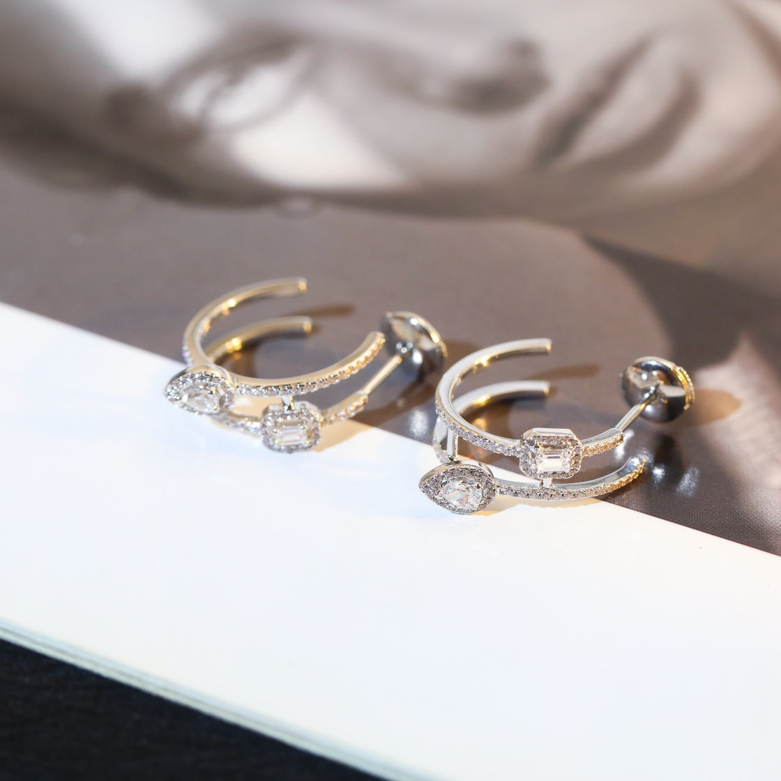 [Lume Jewels]CREOLES MY TWIN 2 RANGS SILVER DIAMOND EARRINGS