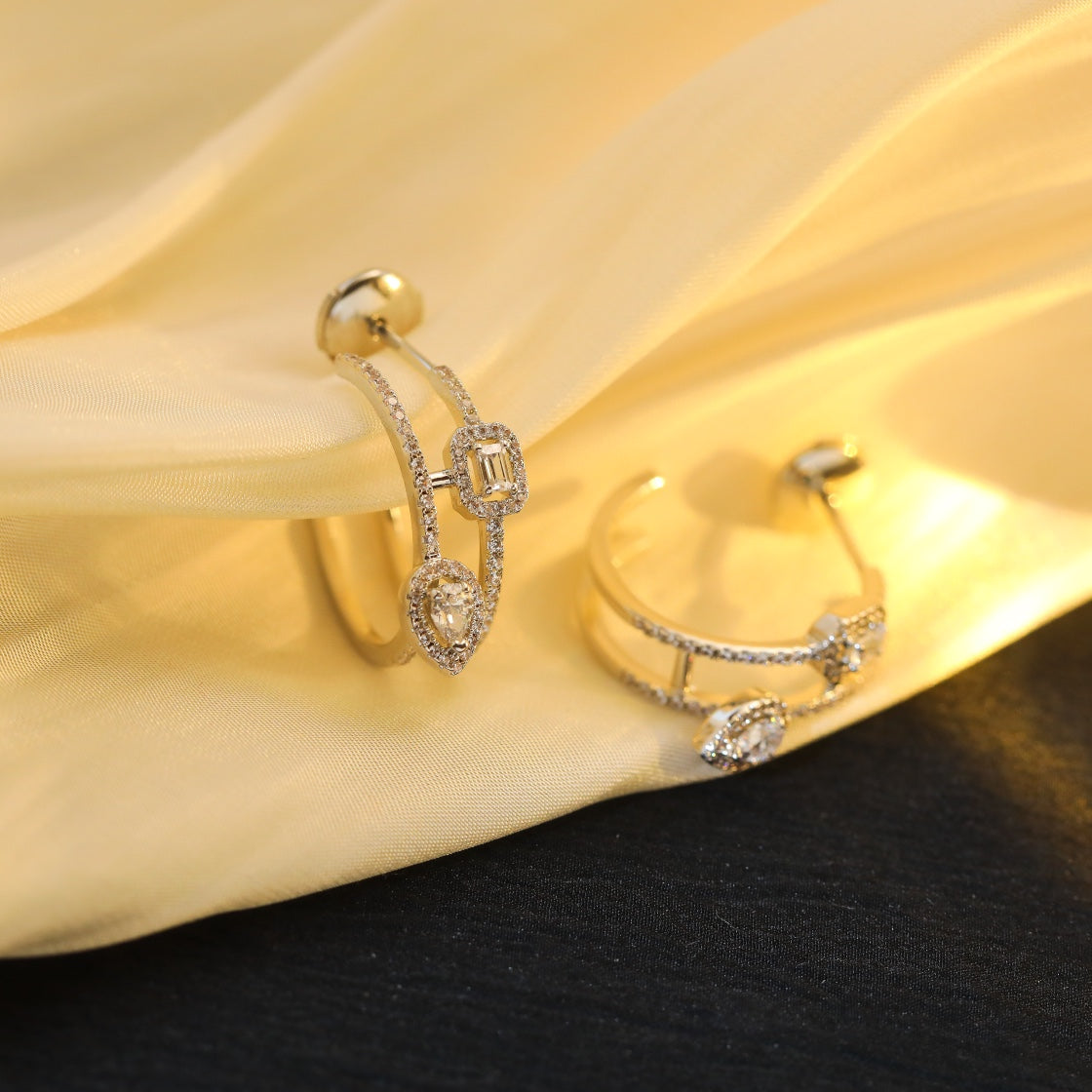[Lume Jewels]CREOLES MY TWIN 2 RANGS SILVER DIAMOND EARRINGS
