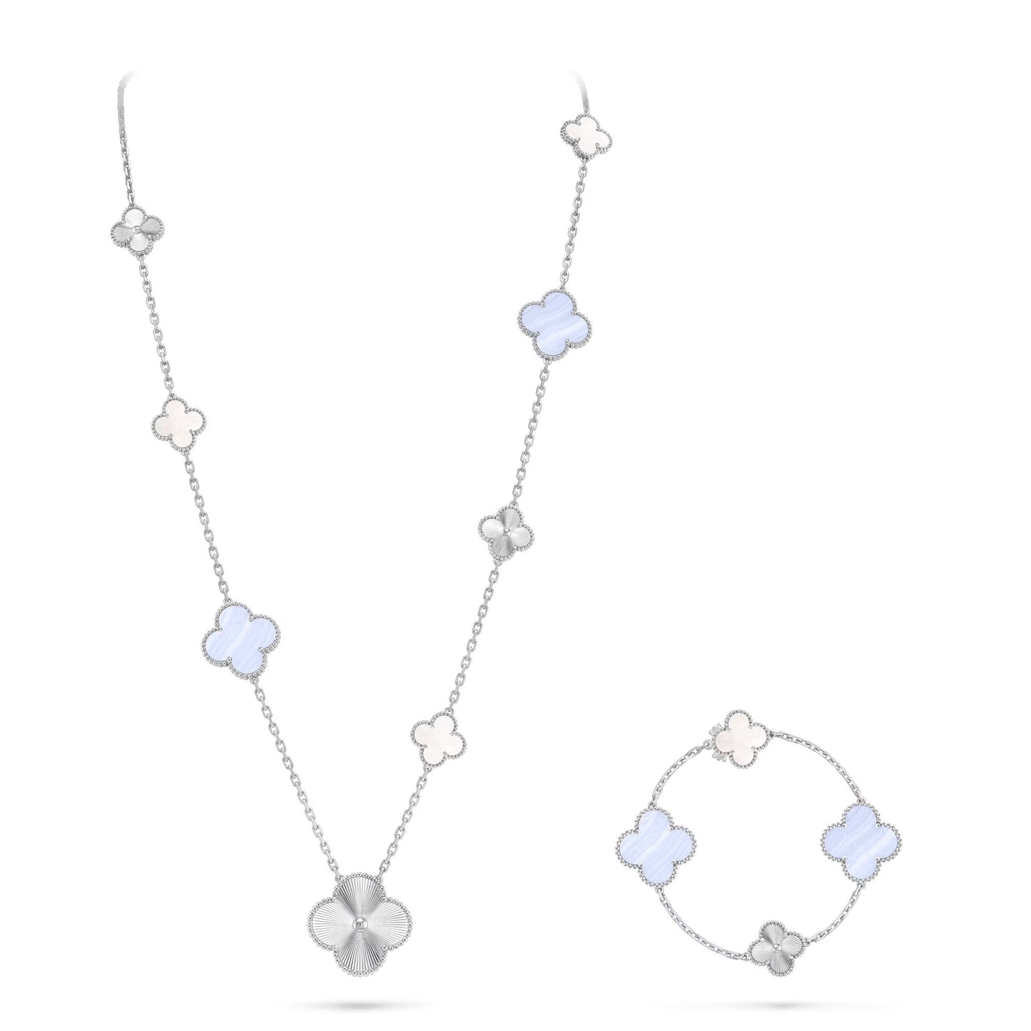 [Lume Jewels]DETACHABLE CLOVER 15(11+4) FLOWER SILVER NECKLACE SET